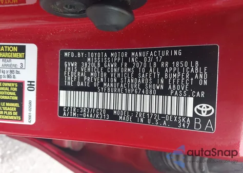 2017 Toyota Corolla Se z USA, uszkodzony, nr VIN 5YFBURHE1HP674080